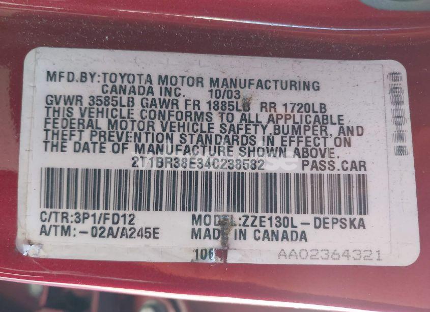 Photo 9 of 2004 Toyota Corolla S (VIN 2T1BR38E34C238582)