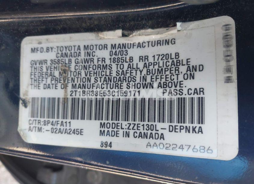 Photo 9 of 2003 Toyota Corolla LE (VIN 2T1BR38E53C159171)