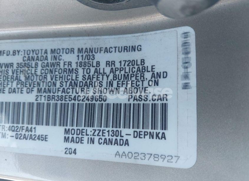 Photo 9 of 2004 Toyota Corolla LE (VIN 2T1BR38E54C249650)