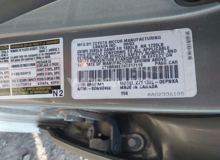 Photo 9 of 2004 Toyota Corolla LE (VIN 2T1BR38E74C217119)