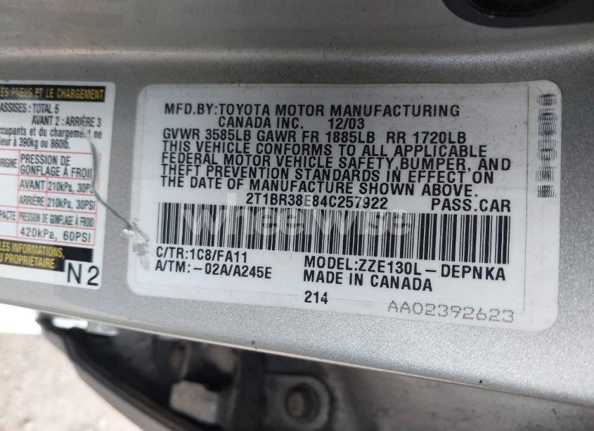 Photo 9 of 2004 Toyota Corolla LE (VIN 2T1BR38E84C257922)