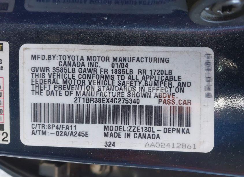 Photo 9 of 2004 Toyota Corolla LE (VIN 2T1BR38EX4C275340)