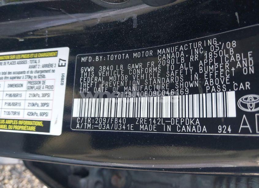 Photo 9 of 2009 Toyota Corolla LE (VIN 2T1BU40E09C046169)