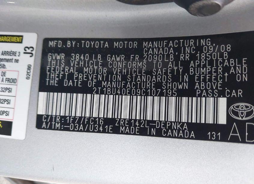 Photo 9 of 2009 Toyota Corolla XLE (VIN 2T1BU40E09C107195)