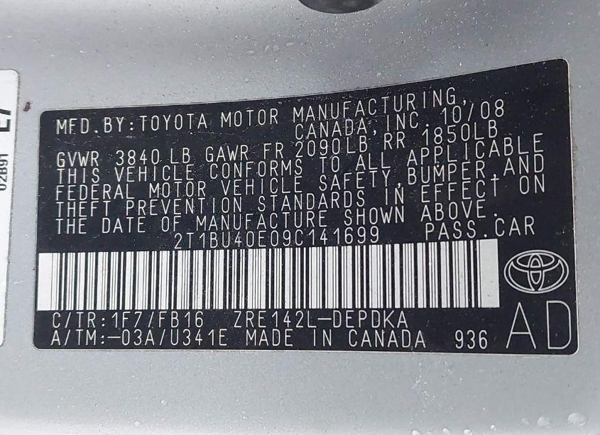 Photo 9 of 2009 Toyota Corolla LE (VIN 2T1BU40E09C141699)