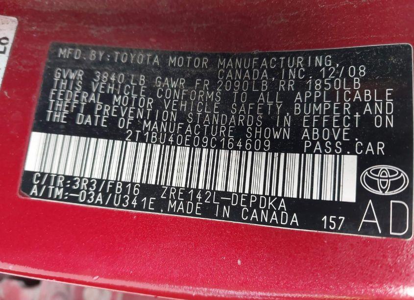 Photo 9 of 2009 Toyota Corolla LE (VIN 2T1BU40E09C164609)