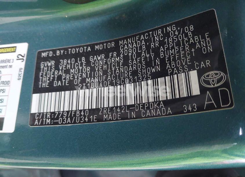 Photo 9 of 2009 Toyota Corolla LE (VIN 2T1BU40E19C031325)