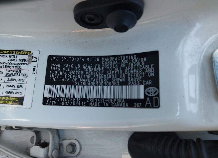 Photo 9 of 2009 Toyota Corolla LE (VIN 2T1BU40E19C106363)