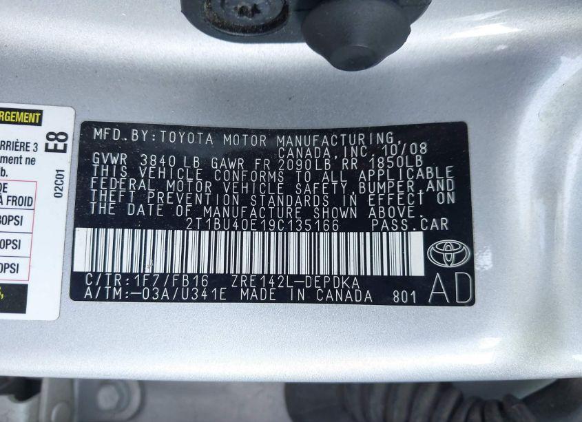 Photo 9 of 2009 Toyota Corolla LE (VIN 2T1BU40E19C135166)