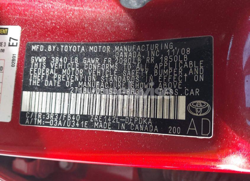 Photo 9 of 2009 Toyota Corolla LE (VIN 2T1BU40E19C148631)