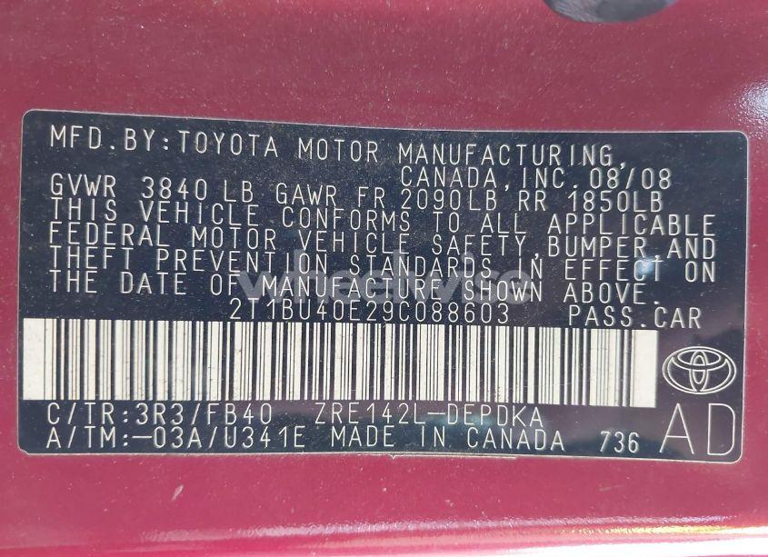 Photo 9 of 2009 Toyota Corolla (VIN 2T1BU40E29C088603)