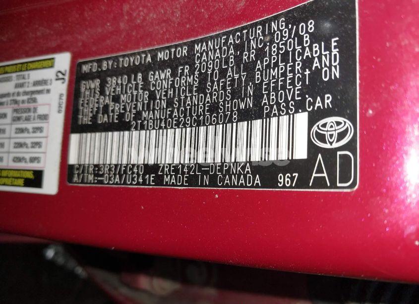 Photo 9 of 2009 Toyota Corolla XLE (VIN 2T1BU40E29C106078)