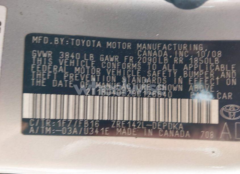 Photo 9 of 2009 Toyota Corolla LE (VIN 2T1BU40E29C126640)