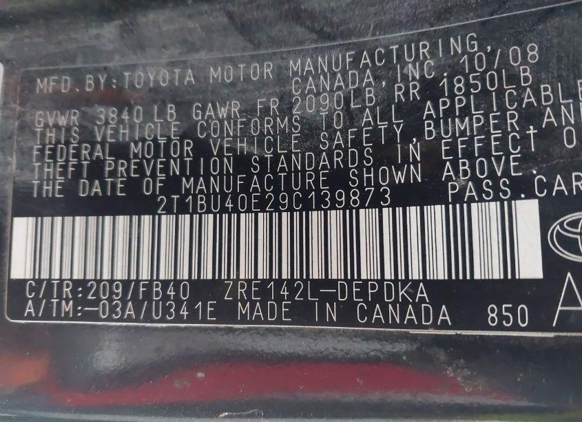 Photo 9 of 2009 Toyota Corolla LE (VIN 2T1BU40E29C139873)