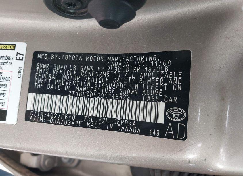Photo 9 of 2009 Toyota Corolla LE (VIN 2T1BU40E29C149822)