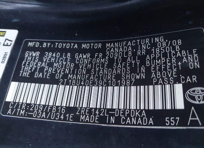 Photo 9 of 2009 Toyota Corolla (VIN 2T1BU40E39C101987)