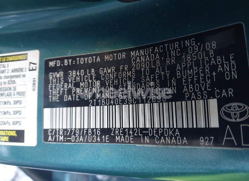 Photo 9 of 2009 Toyota Corolla LE (VIN 2T1BU40E39C112696)