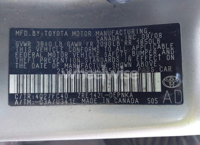 Photo 9 of 2009 Toyota Corolla XLE (VIN 2T1BU40E39C115078)