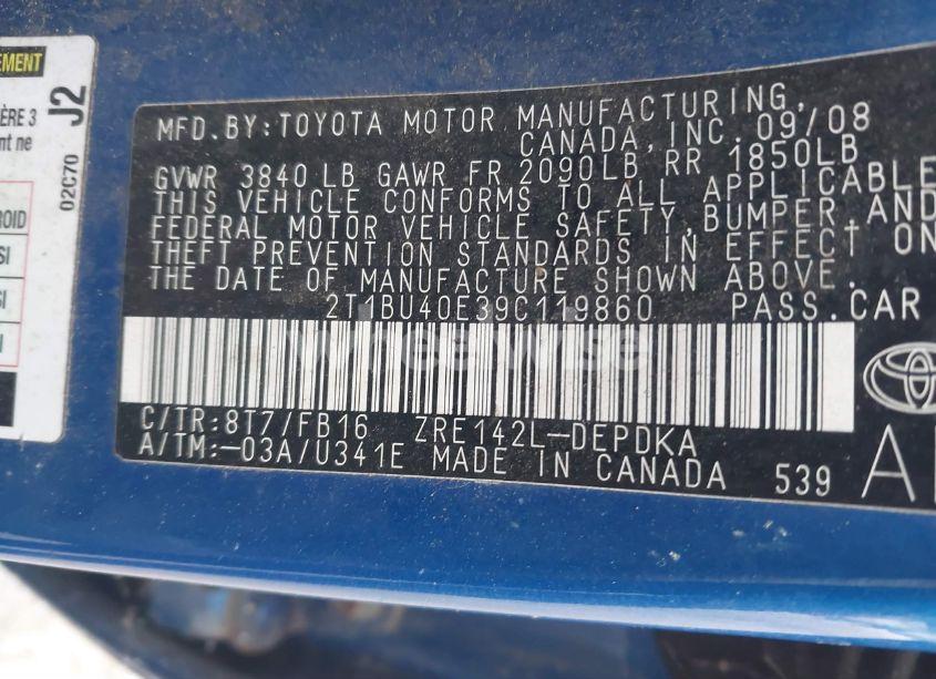 Photo 9 of 2009 Toyota Corolla LE (VIN 2T1BU40E39C119860)