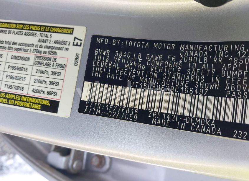 Photo 9 of 2009 Toyota Corolla (VIN 2T1BU40E39C166497)