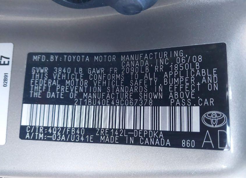 Photo 9 of 2009 Toyota Corolla LE (VIN 2T1BU40E49C067378)