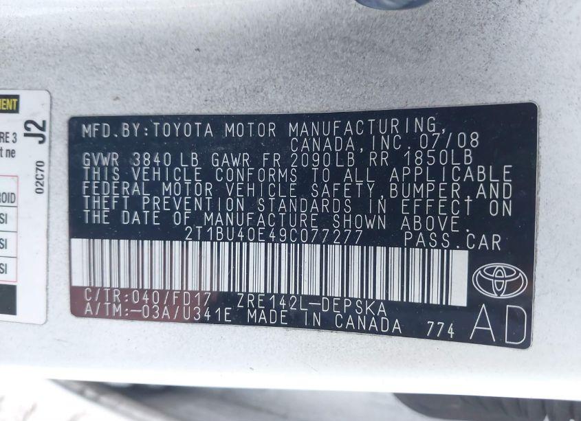 Photo 9 of 2009 Toyota Corolla S (VIN 2T1BU40E49C077277)