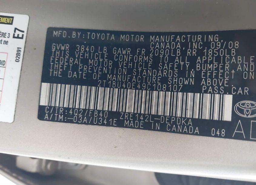 Photo 9 of 2009 Toyota Corolla LE (VIN 2T1BU40E49C108107)