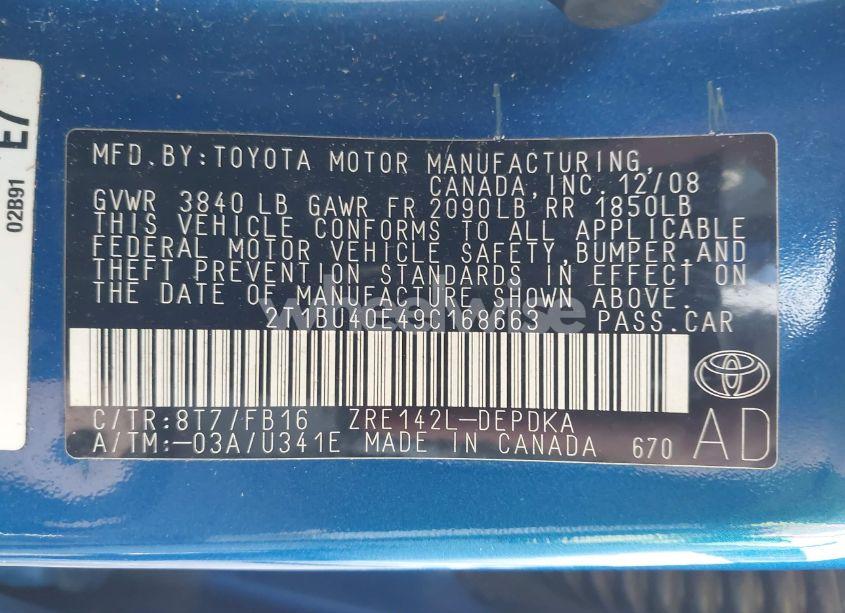 Photo 9 of 2009 Toyota Corolla S/LE/XLE (VIN 2T1BU40E49C168663)