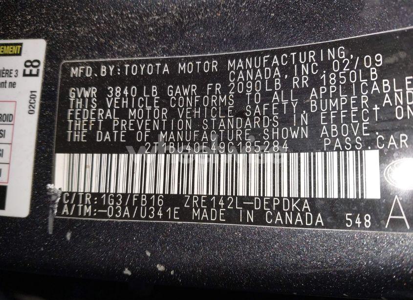 Photo 9 of 2009 Toyota Corolla LE (VIN 2T1BU40E49C185284)