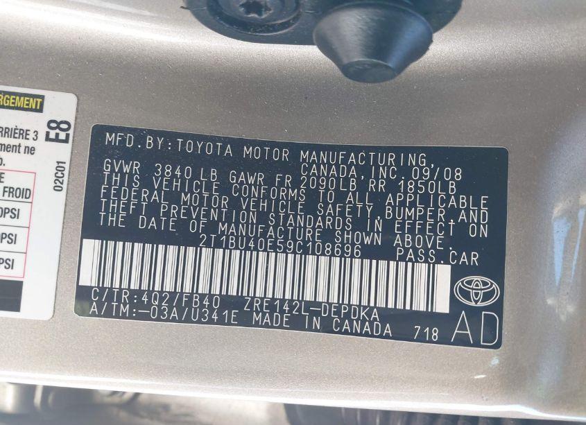 Photo 9 of 2009 Toyota Corolla LE (VIN 2T1BU40E59C108696)