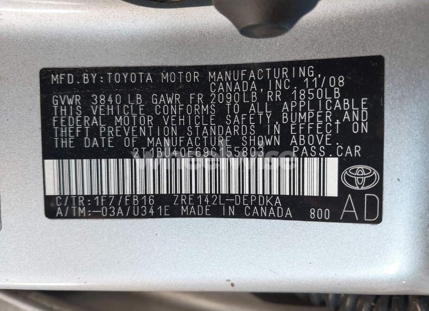 Photo 9 of 2009 Toyota Corolla LE (VIN 2T1BU40E69C155803)