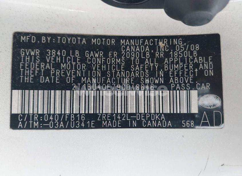 Photo 9 of 2009 Toyota Corolla LE (VIN 2T1BU40E79C048646)