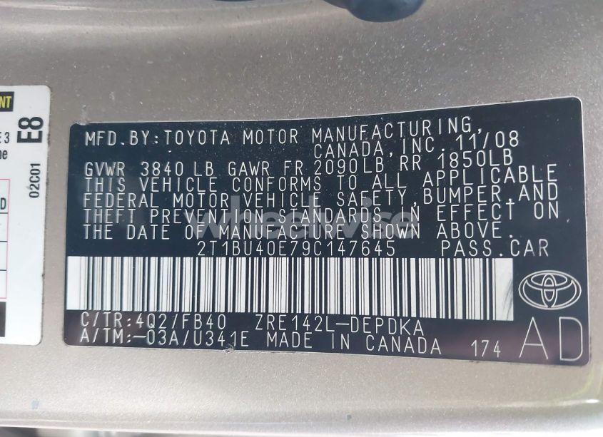Photo 9 of 2009 Toyota Corolla LE (VIN 2T1BU40E79C147645)