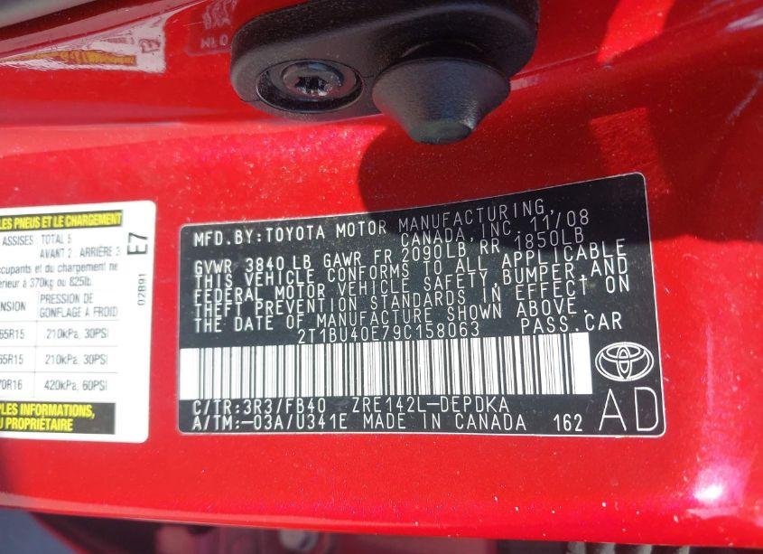 Photo 9 of 2009 Toyota Corolla LE (VIN 2T1BU40E79C158063)