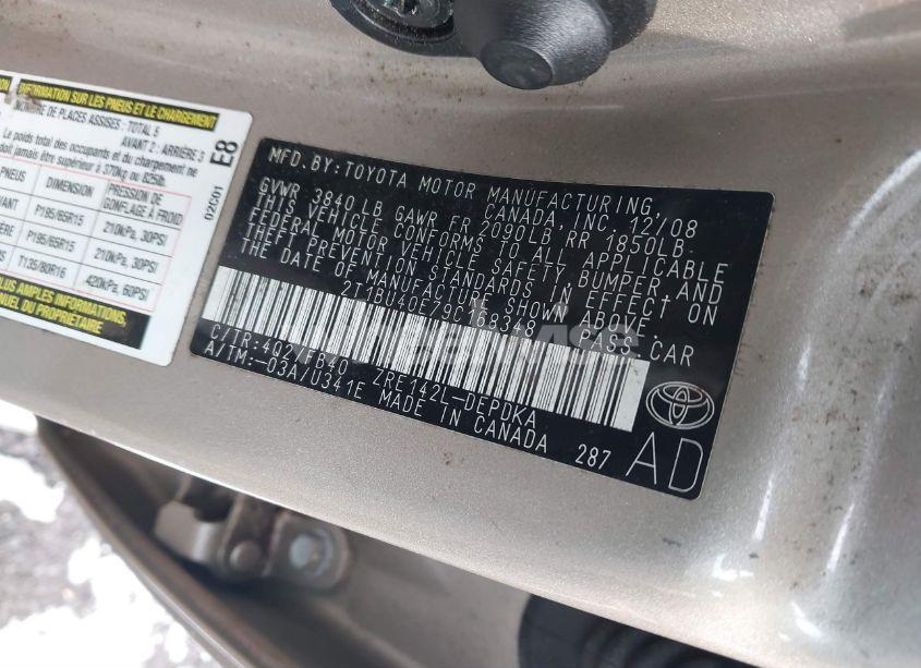Photo 9 of 2009 Toyota Corolla LE (VIN 2T1BU40E79C168348)