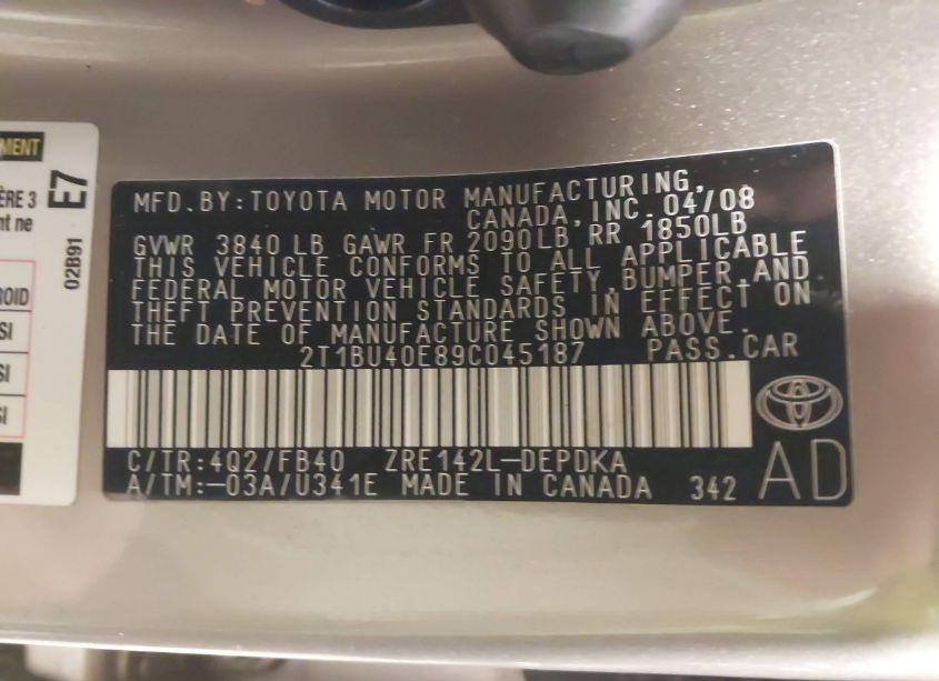 Photo 9 of 2009 Toyota Corolla LE (VIN 2T1BU40E89C045187)