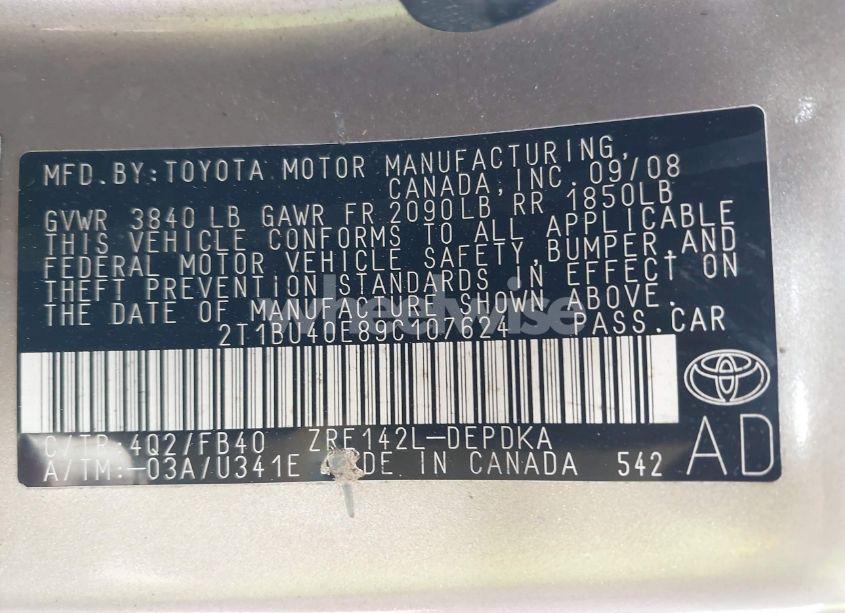 Photo 9 of 2009 Toyota Corolla LE (VIN 2T1BU40E89C107624)