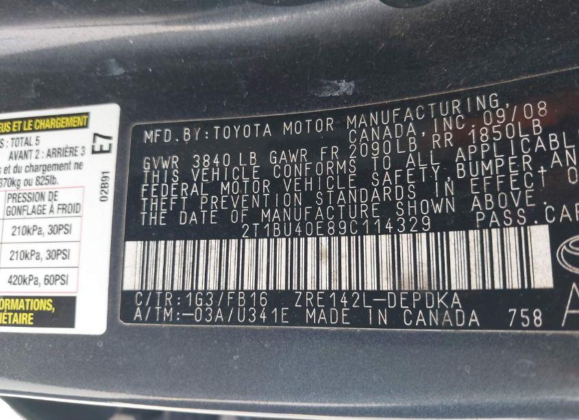 Photo 9 of 2009 Toyota Corolla LE (VIN 2T1BU40E89C114329)