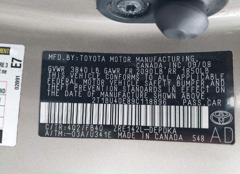 Photo 9 of 2009 Toyota Corolla LE (VIN 2T1BU40E89C118896)