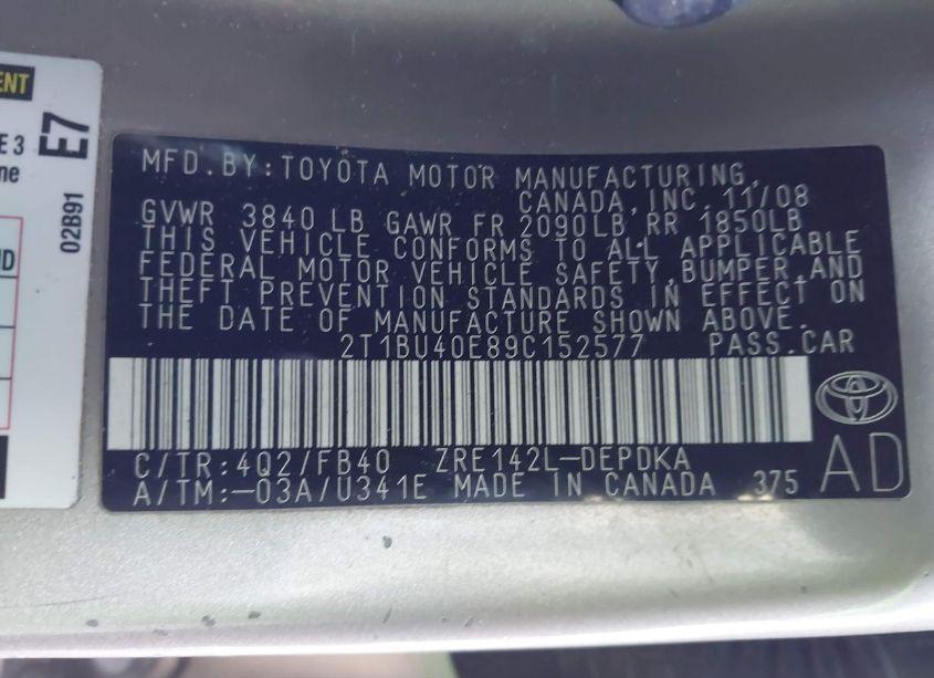 Photo 9 of 2009 Toyota Corolla LE (VIN 2T1BU40E89C152577)