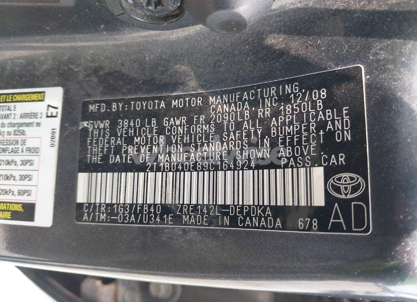 Photo 9 of 2009 Toyota Corolla LE (VIN 2T1BU40E89C164924)