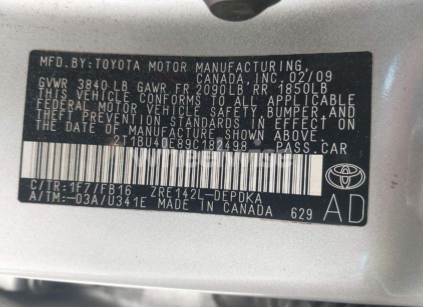 Photo 9 of 2009 Toyota Corolla LE (VIN 2T1BU40E89C182498)