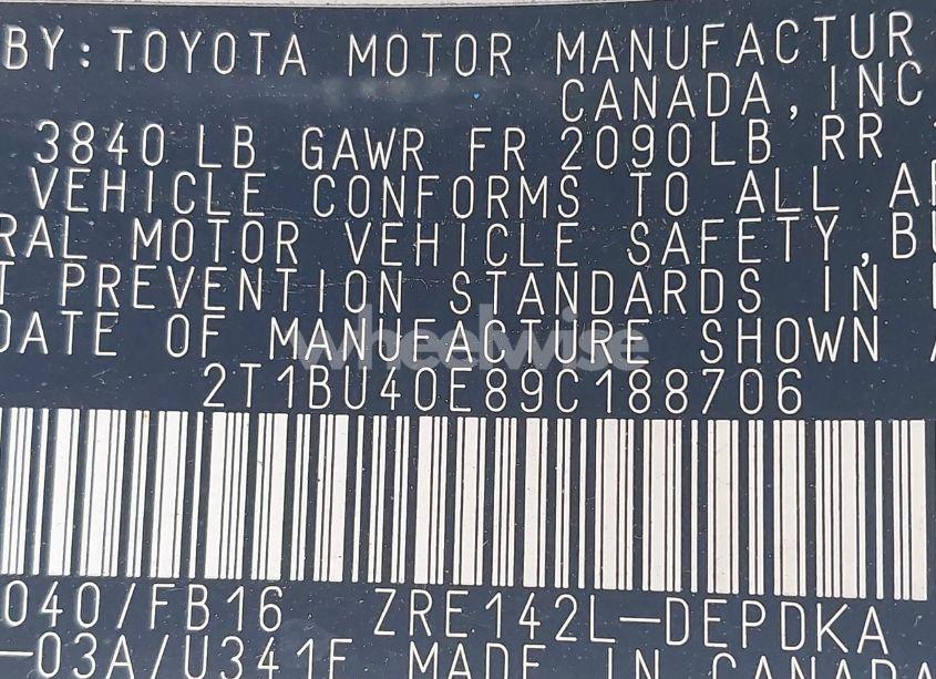 Photo 9 of 2009 Toyota Corolla LE (VIN 2T1BU40E89C188706)