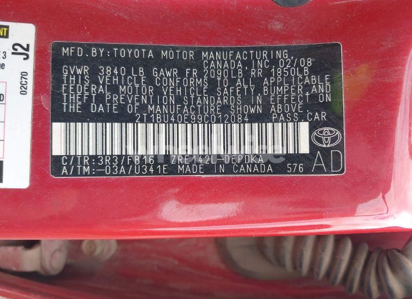 Photo 9 of 2009 Toyota Corolla LE (VIN 2T1BU40E99C012084)