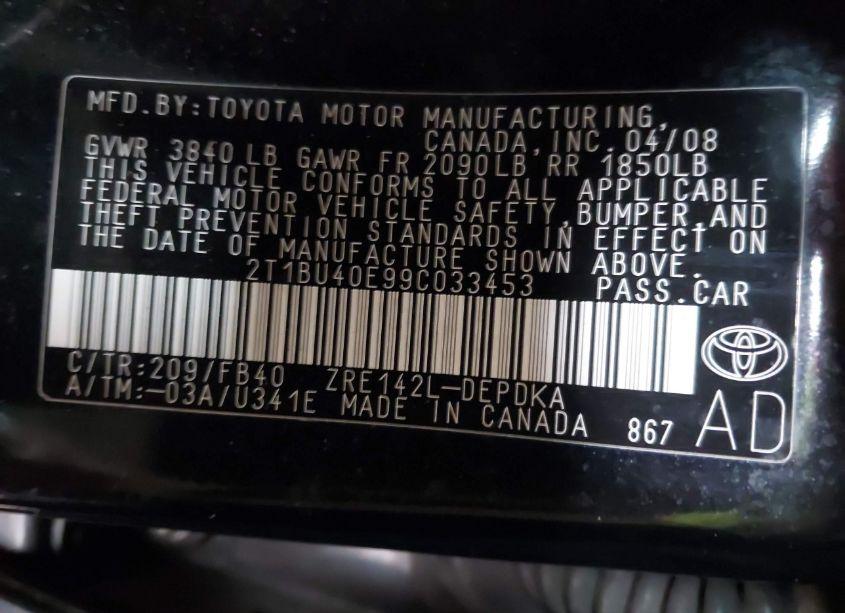 Photo 9 of 2009 Toyota Corolla LE (VIN 2T1BU40E99C033453)