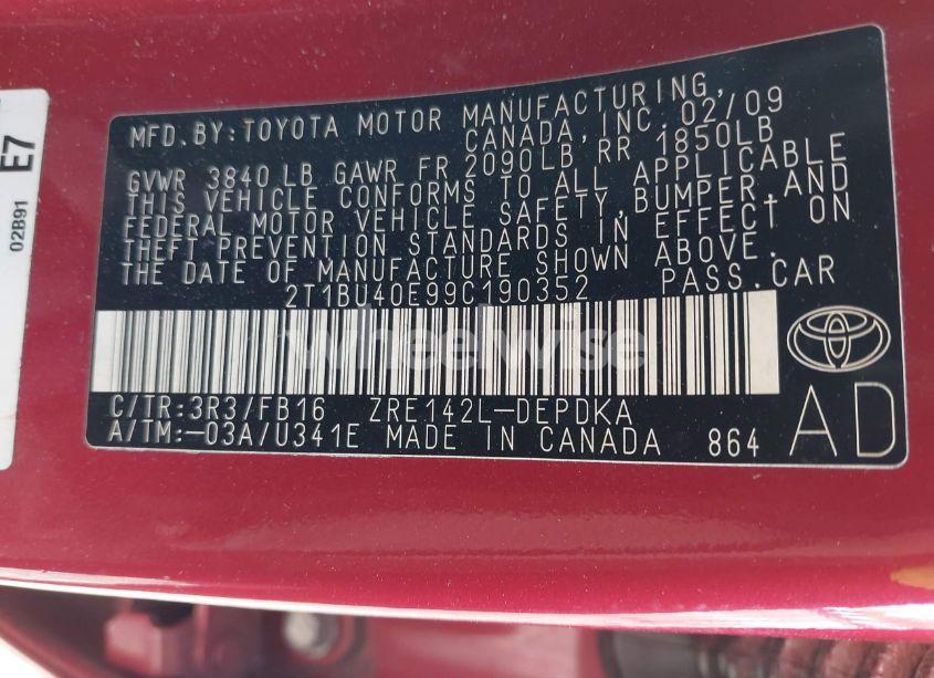 Photo 9 of 2009 Toyota Corolla LE (VIN 2T1BU40E99C190352)
