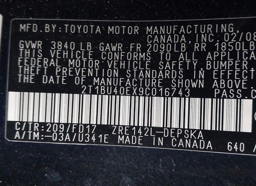 Photo 9 of 2009 Toyota Corolla S (VIN 2T1BU40EX9C016743)