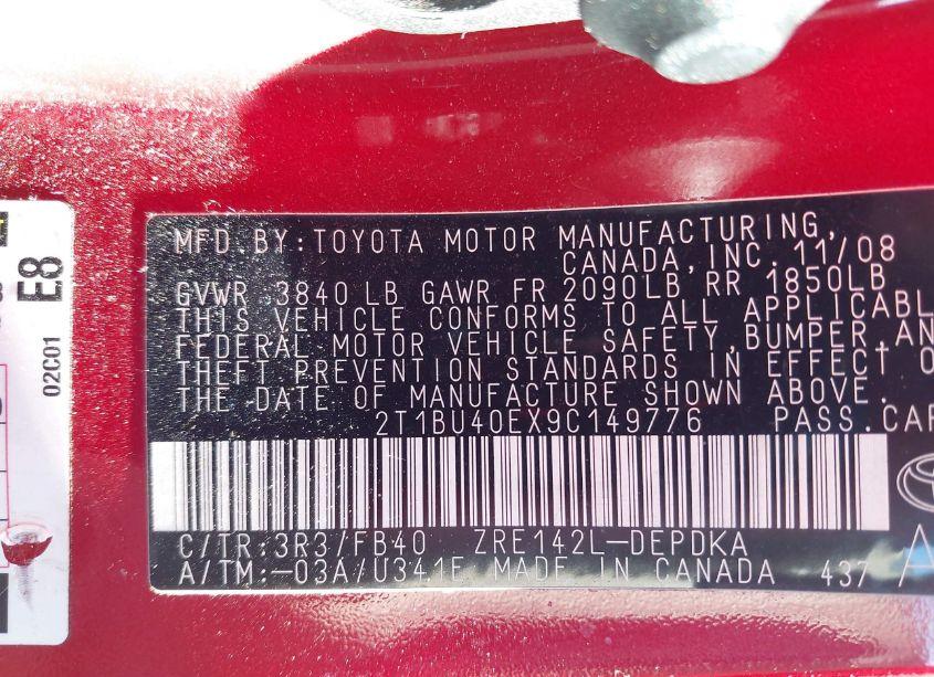 Photo 9 of 2009 Toyota Corolla LE (VIN 2T1BU40EX9C149776)