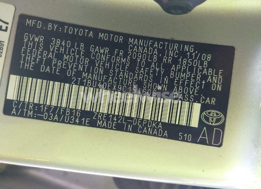 Photo 9 of 2009 Toyota Corolla LE (VIN 2T1BU40EX9C154606)