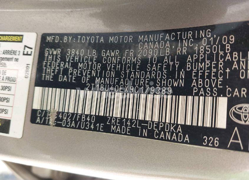 Photo 9 of 2009 Toyota Corolla LE (VIN 2T1BU40EX9C179389)